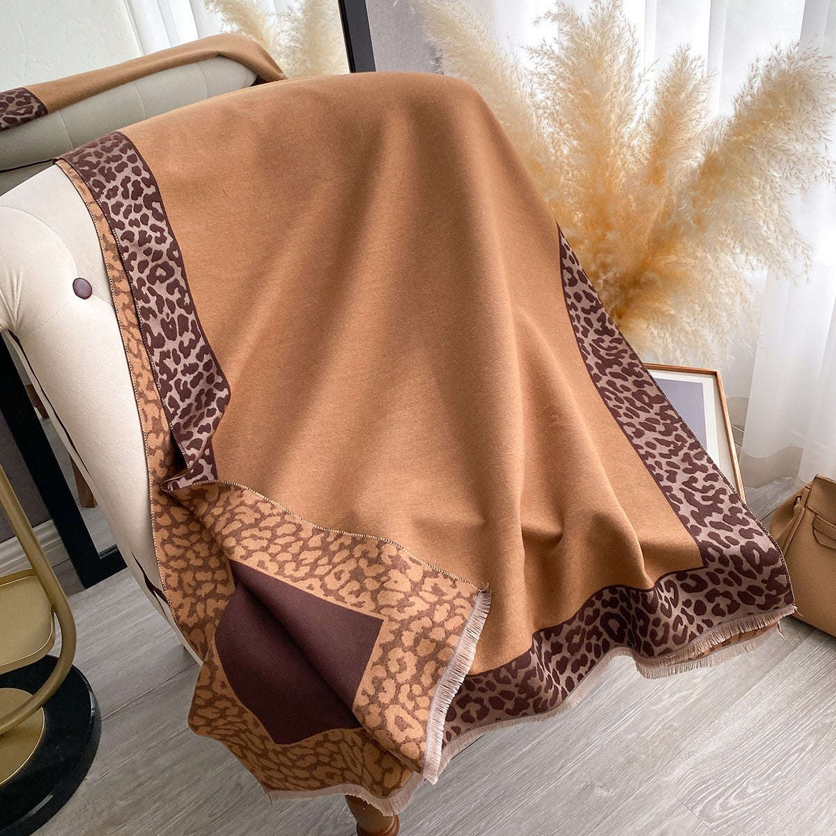 Camel Brown Leopard Print Winter Scarf Shawl Wrap Blanket Oversized Gift