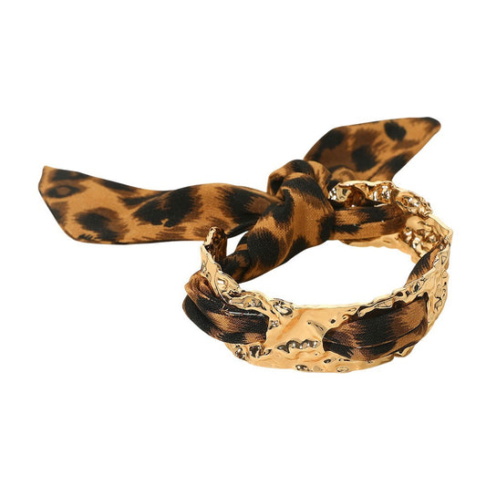 2pc Leopard Print Fabric Bow Gold Cuff Bracelet Set Adjustable Women's Jewelry