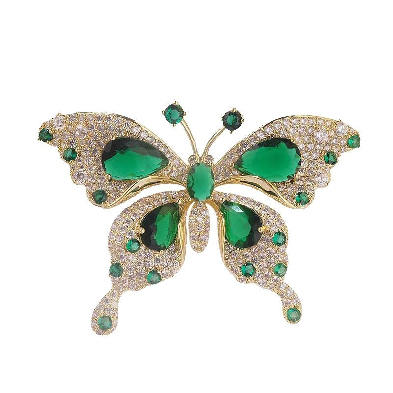Retro Green Emerald Crystal Butterfly Brooch for Women Girls Elegant Pin