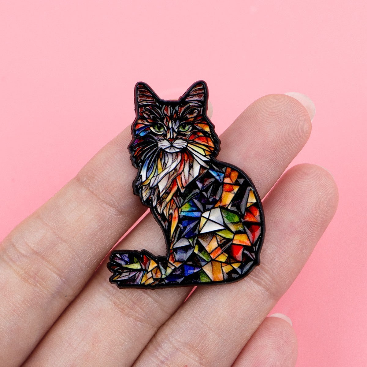 2PCS Colorful Stained Glass Style Cat Enamel Pin Set Brooch Bag Jacket Badge