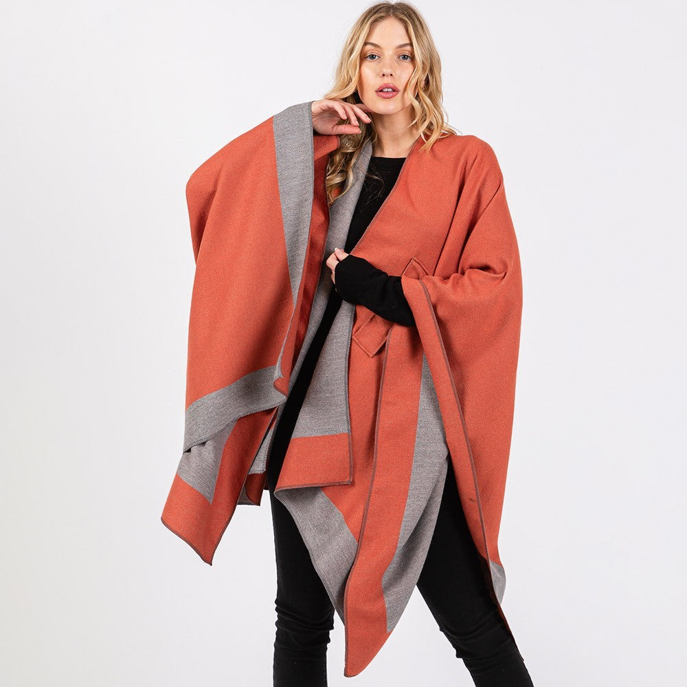 Two Tone Ruana Poncho Women Pull Through Shawl Knit Cape Wrap Cozy Layering