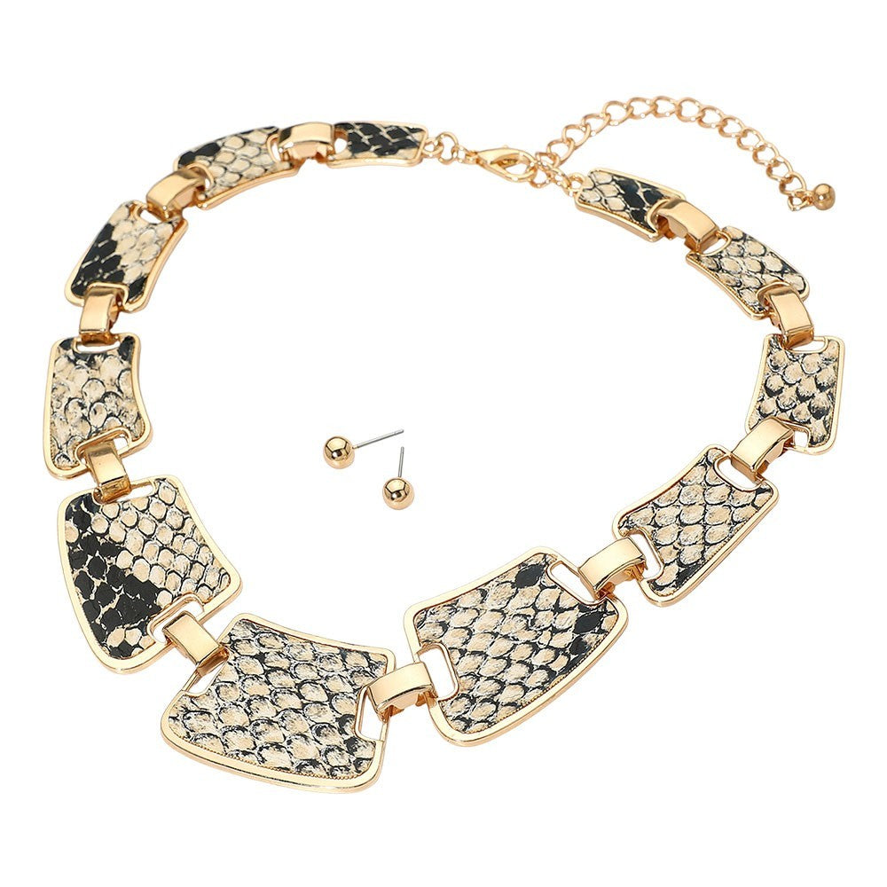 Fur Snake Skin Pattern Metal Plate Link Statement Necklace with Stud Earrings