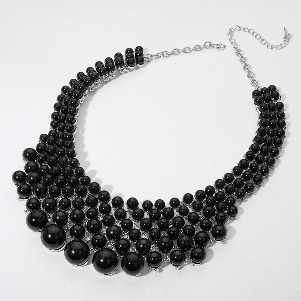 Black Imitation Pearl Embellished Collar Necklace and Earrings Set for Women