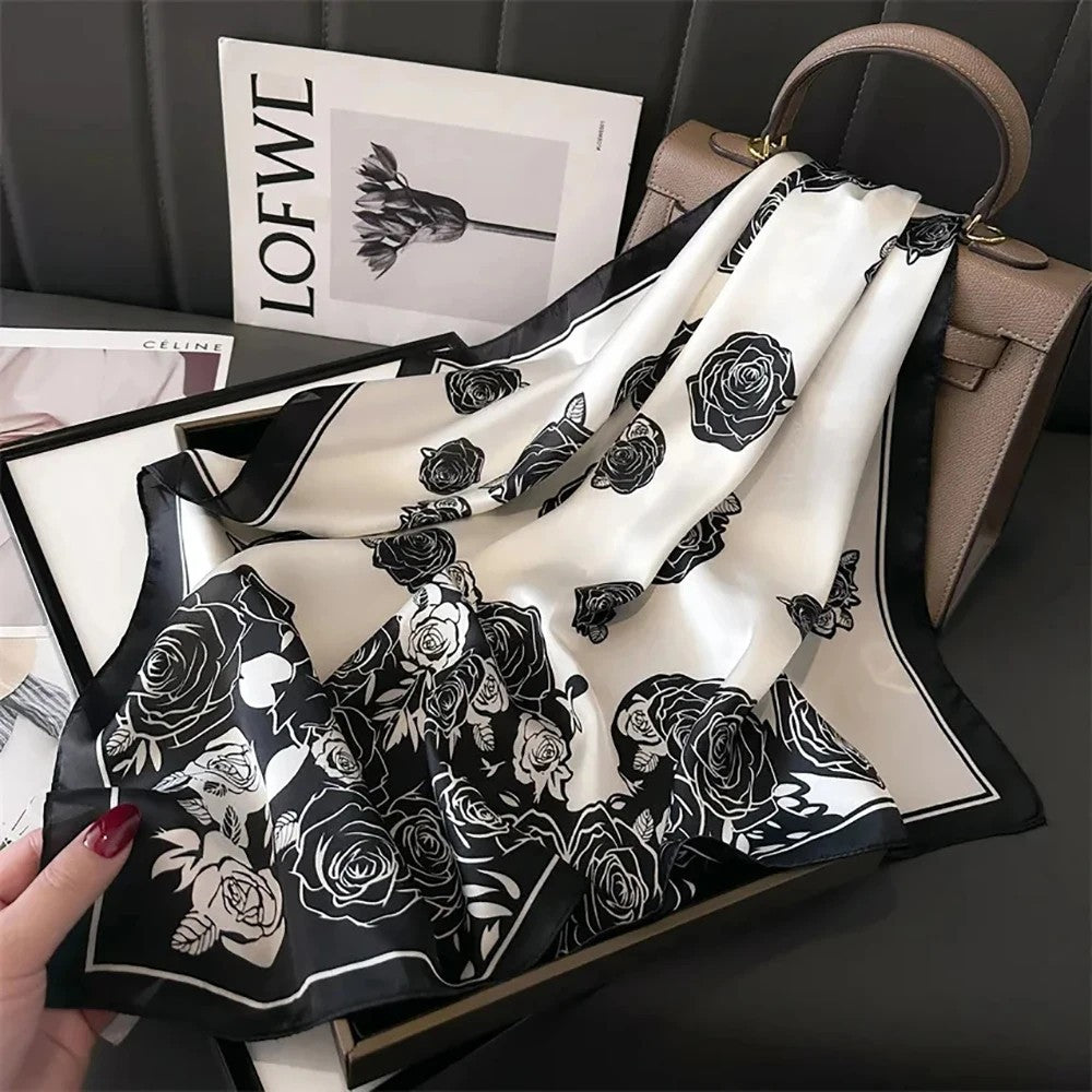 Luxury B&W Rose Print Square Scarf Satin Silk Feeling Elegant Hair Bag Accessory