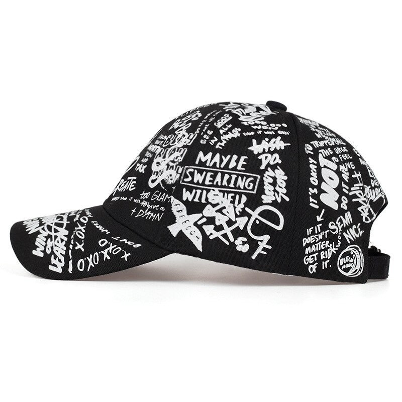 Urban Streetwear Graffiti Script Baseball Cap Adjustable Black White Hat