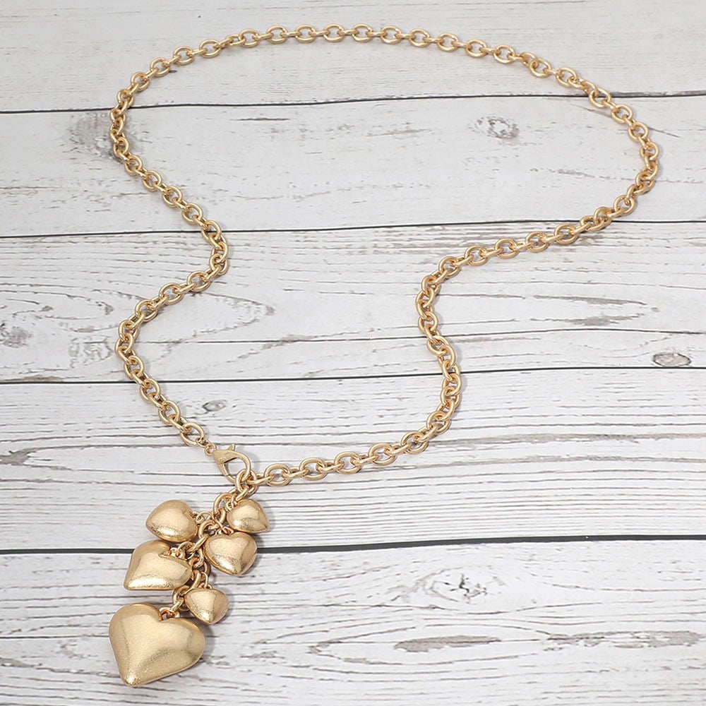 Women Worn Gold Chunky Puffy Heart Cluster Drop Chain Long Necklace with Lobster