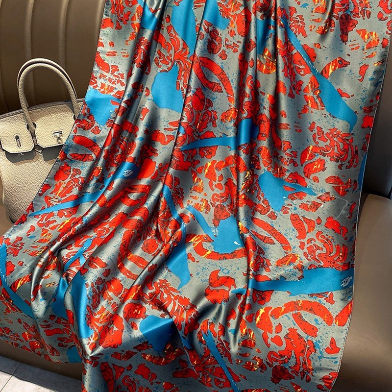 Silk Scarf Wrap Shawl Grey Red Blue Abstract Print Art Nouveau Style
