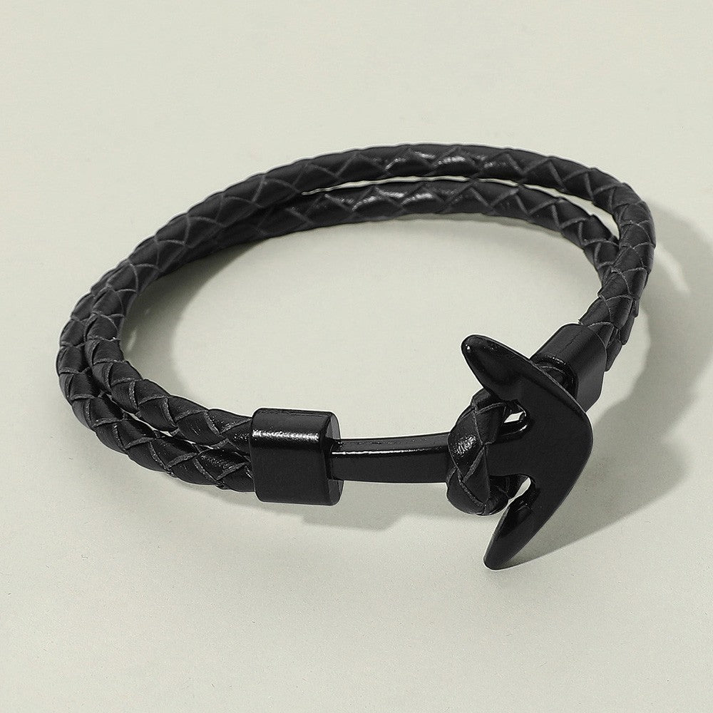 Mens Braided Leather Anchor Bracelet 2 Pack Black & Brown Nautical Set