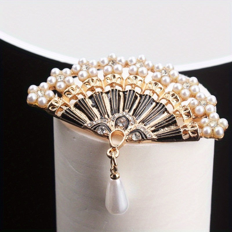 2pcs Folding Fan Brooch Pin Pearl Rhinestone Vintage Enamel Jewelry Set