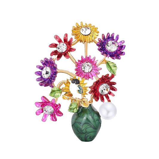 Colorful Enamel Flower Vase Bird Rhinestone Pin Brooch Crystal Statement Gift