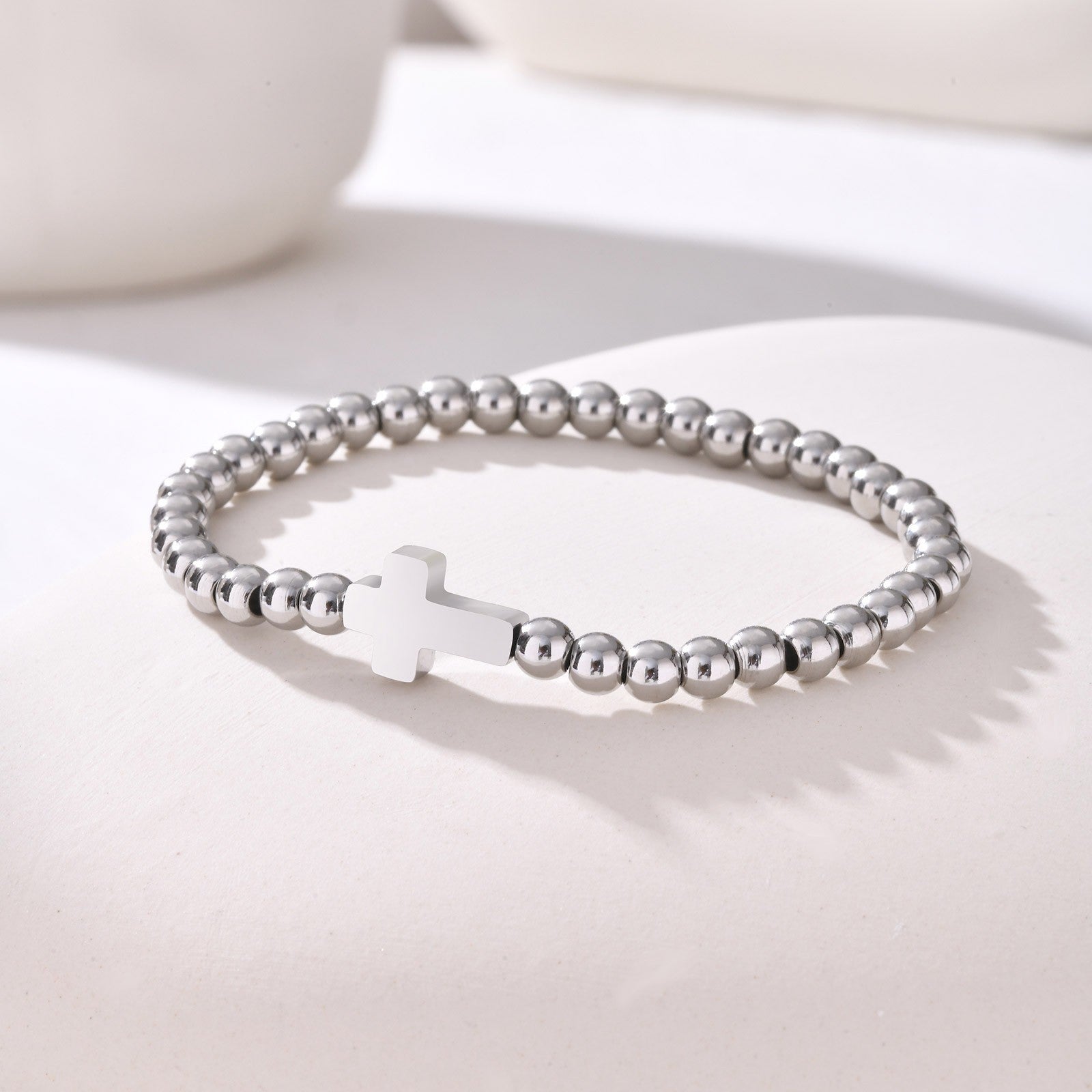 Set of 2 Cross Beaded Bracelets Gold & Silver Tone Stainless Steel Stretch Duo