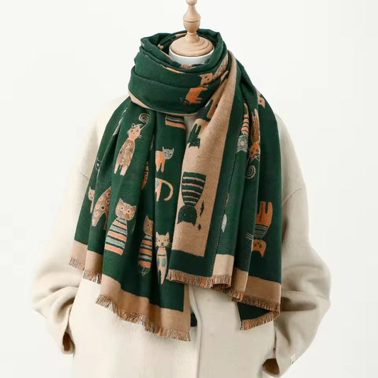 Whimsical Cat Print Scarf Shawl Cashmere Feel Winter Accessory