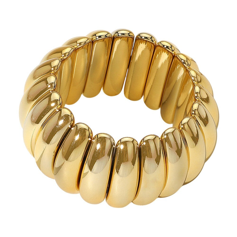 Wide Ribbed Metal Stretch Bracelet for Women Bold Chunky Statement Jewelry