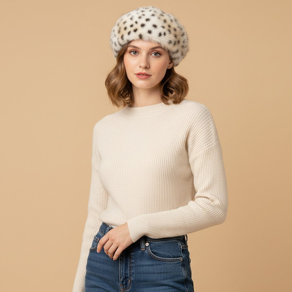 Plush Faux Fur Beret Hat Snow Leopard Print Warm Winter Style Hats for Women