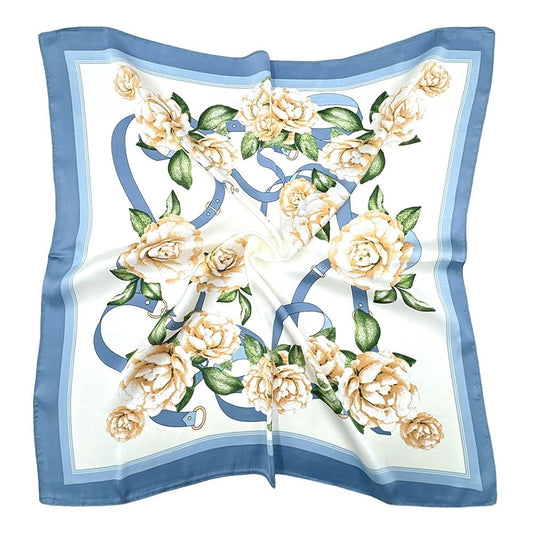 Vintage Floral Silk-Feel Square Scarf - Blue & Gold Rose Luxury Neck Wrap