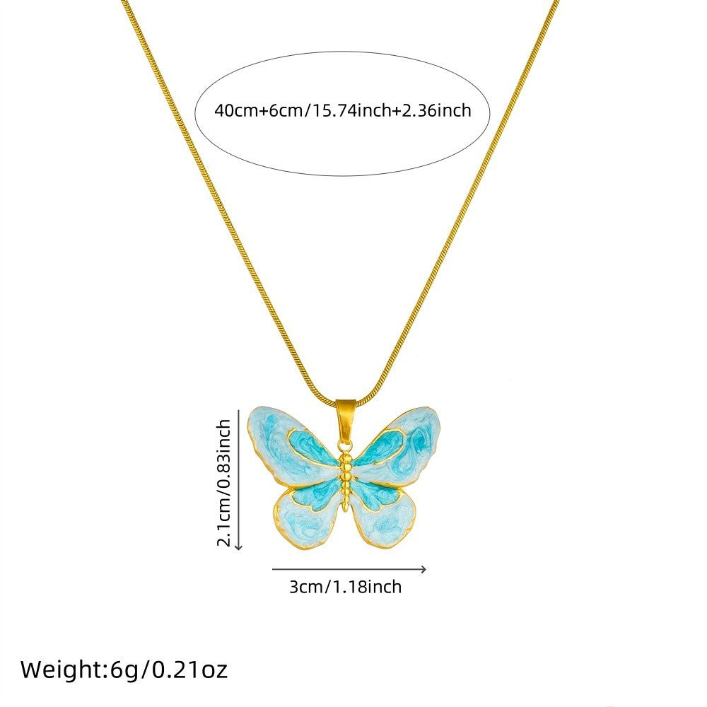 Blue Butterfly Pendant Necklace for Women Gold Tone Chain Fashion Jewelry Gift