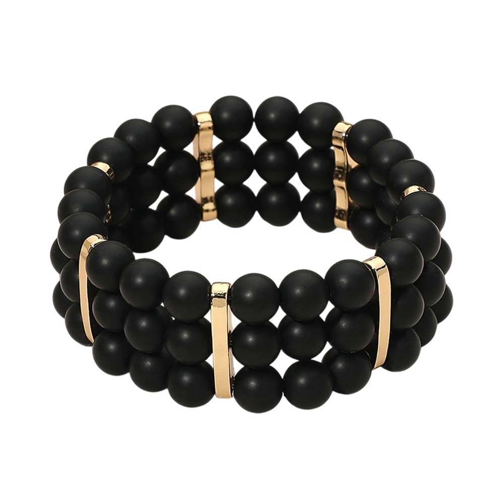 Matte Black Beaded Triple Row Stretch Bracelet - Bold Gold-Tone Cuff Jewelry