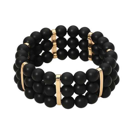 Matte Black Beaded Triple Row Stretch Bracelet - Bold Gold-Tone Cuff Jewelry