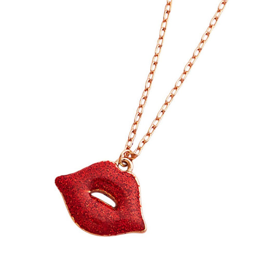Sparkly Red Lips Pendant Necklace Dainty Gold Chain Valentine Jewelry 17 Inches