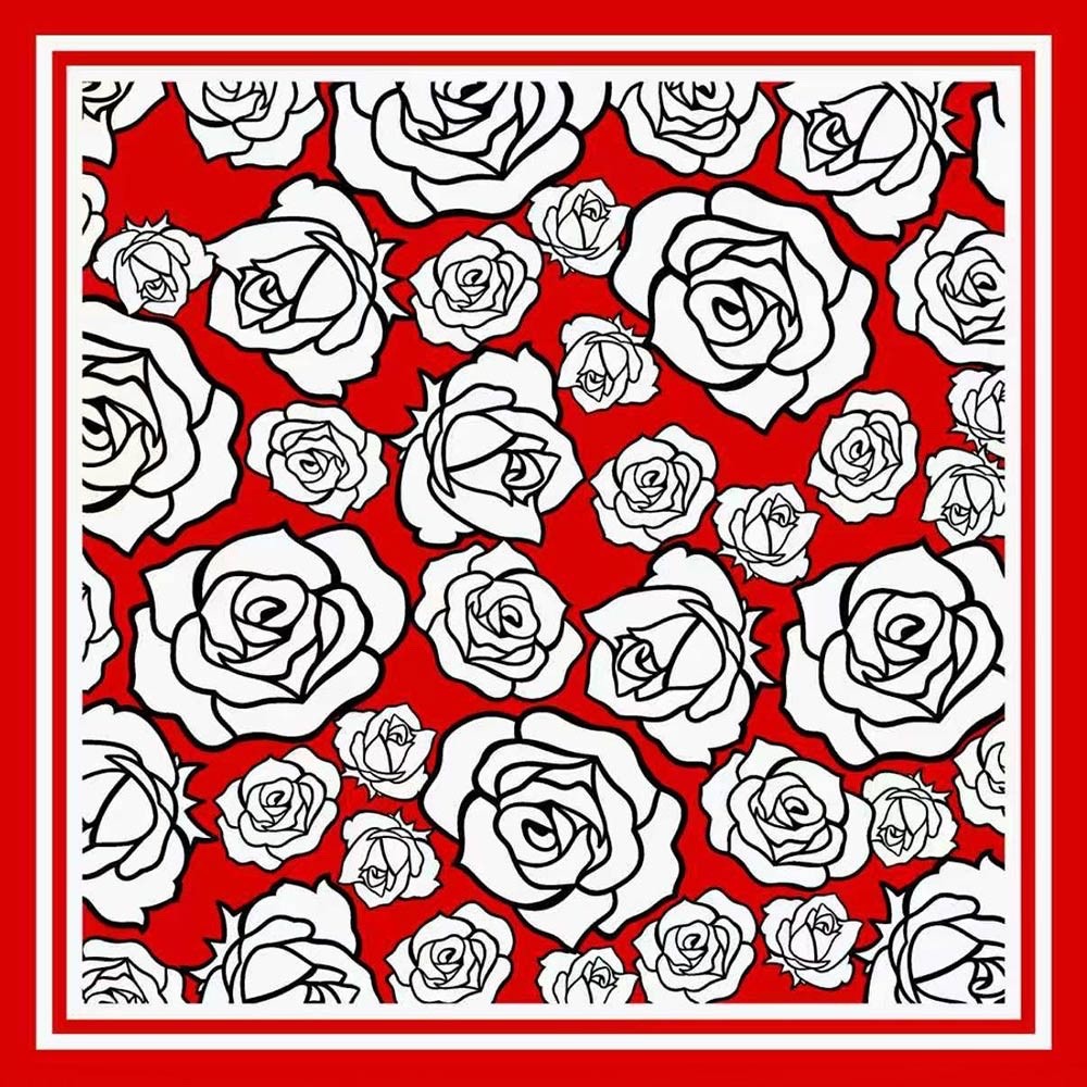 Red and White Rose Pattern Square Silk Feel Scarf Bandana, 23.45" x 23.45"