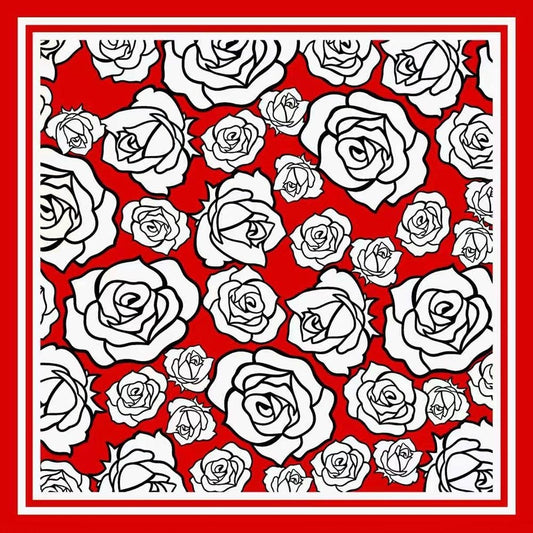 Red and White Rose Pattern Square Silk Feel Scarf Bandana, 23.45" x 23.45"