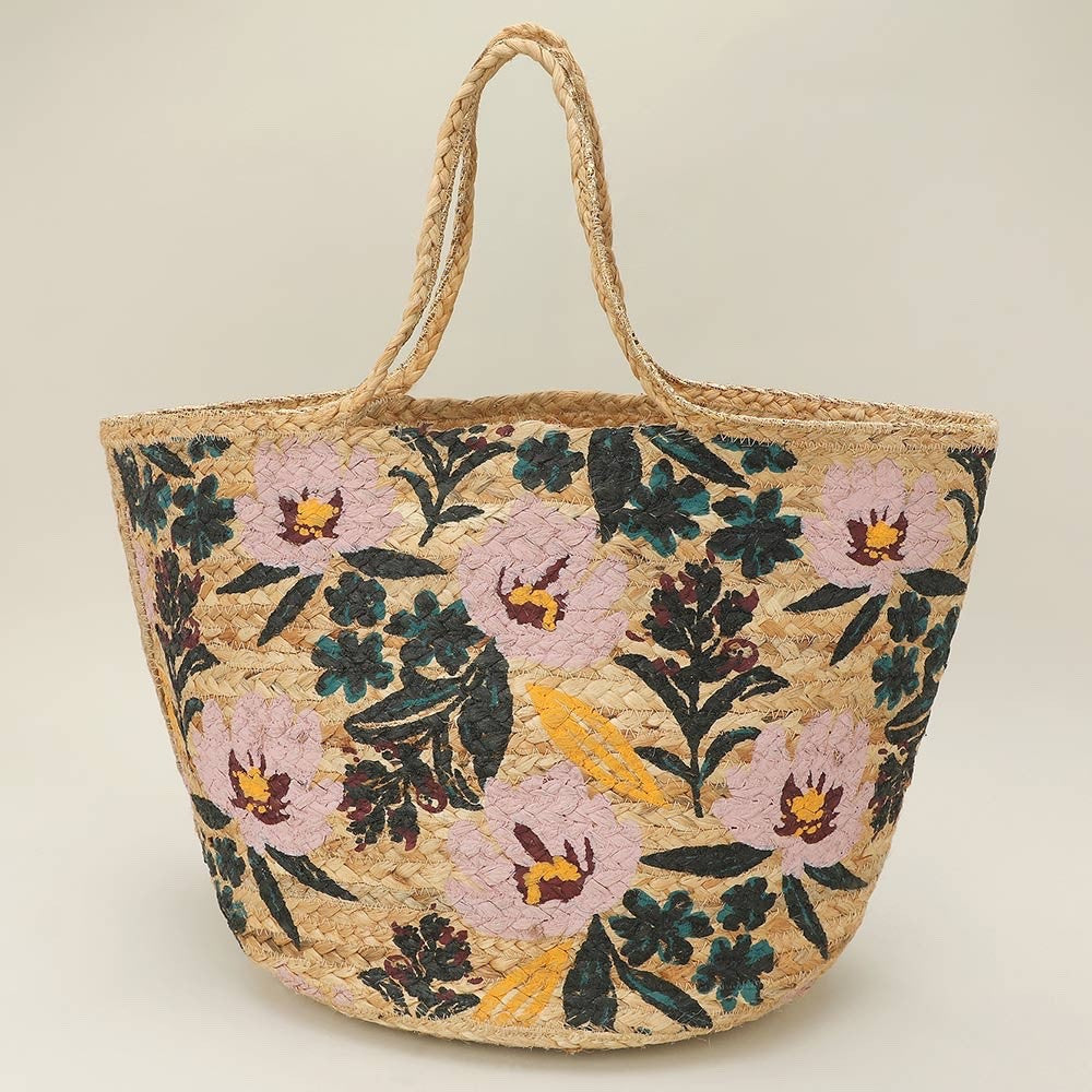 Floral Woven Straw Tote Bag - Large Summer Beach Handbag with Braided Straps