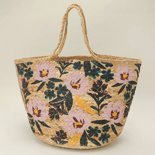 Floral Woven Straw Tote Bag - Large Summer Beach Handbag with Braided Straps