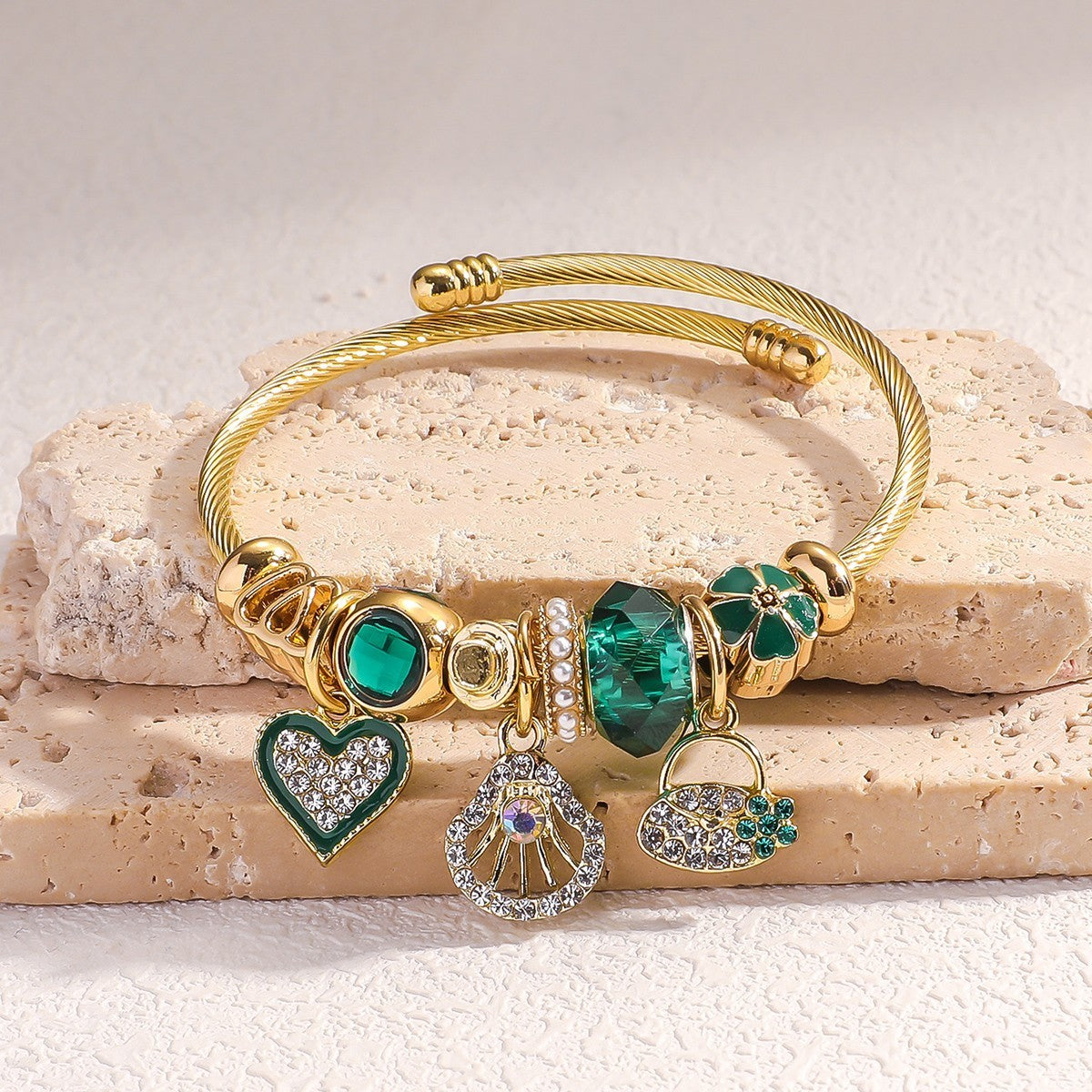 Elegant Gold Charm Bangle Bracelet Green Crystal Dangle Charms Women's Jewelry