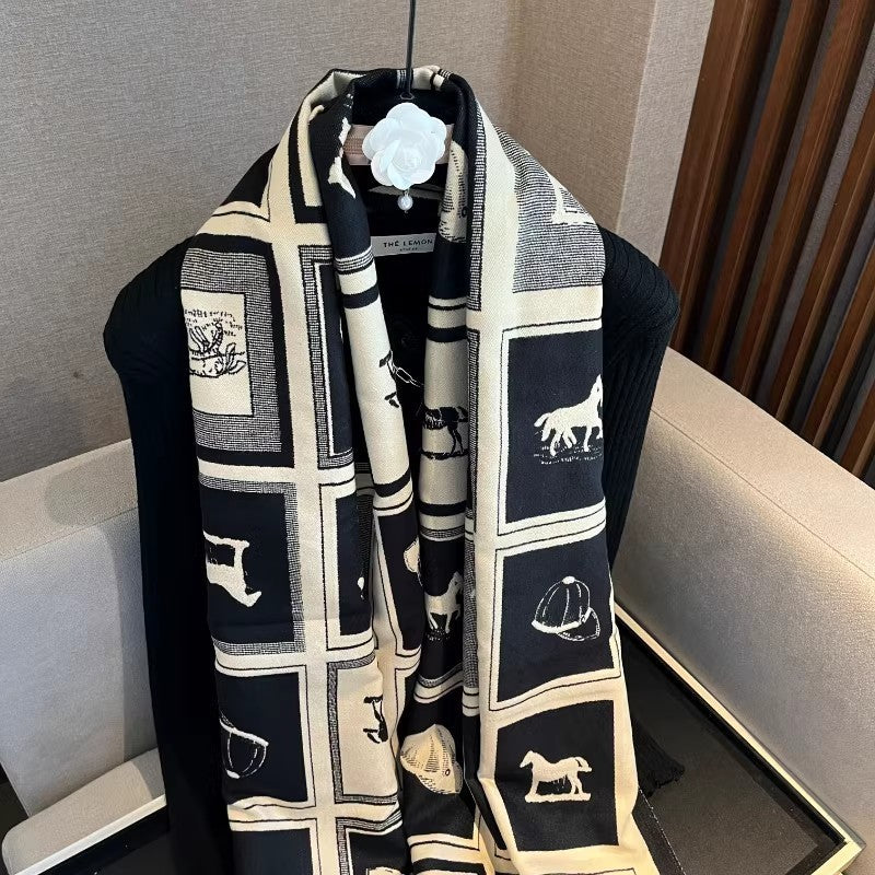 Black & Cream Equestrian Horse Print Woven Blanket Scarf Shawl Wrap Stole