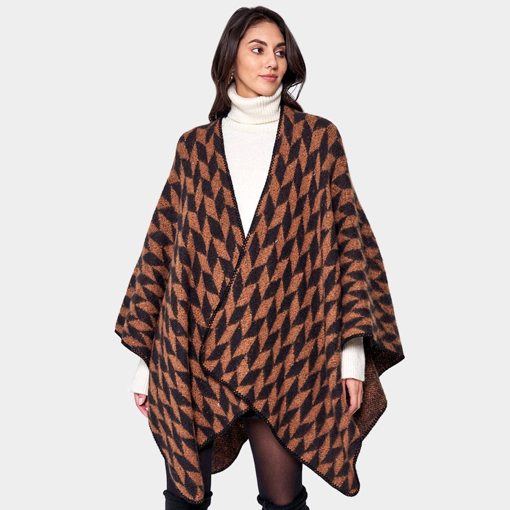 Geometric Patterned Knit Kimono Poncho Open Front Cape Wrap for Women Brown