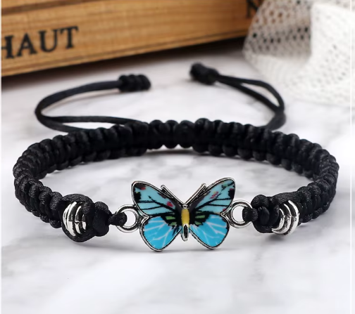Butterfly Bracelet Set of 3 Braided Cord Black Blue Brown Unisex Bracelet Gifts