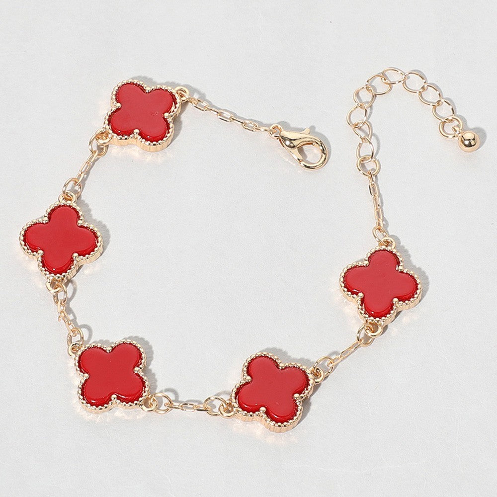 Gold Tone Quatrefoil Link Bracelet with Red Accent Stones Fashion Jewelry Gift