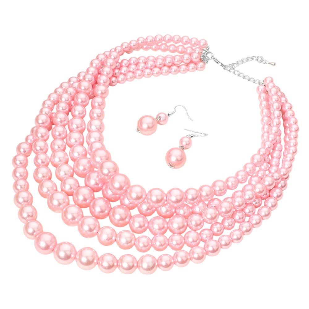 Multi-Strand Pink Pearl Statement Necklace and Drop Earring Set - 5-Layer Bib
