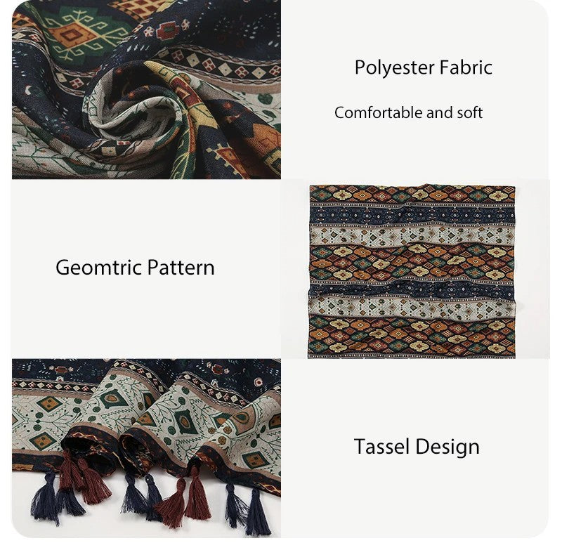 2PCS Women's Oversized Geometric Tassel Shawl Scarf Black & Green/Brown 72.8in