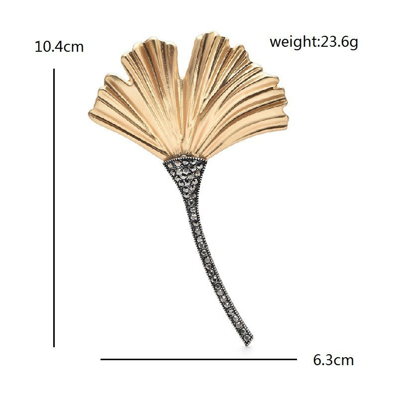 Vintage Style Gold Ginkgo Leaf Brooch Pin Dark Black Crystal Long Stem