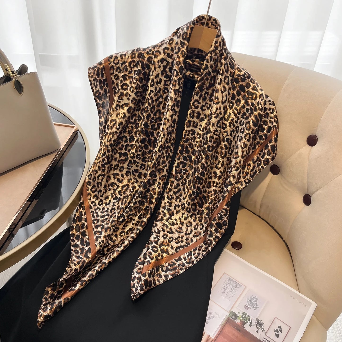 Leopard Print Scarf  for Women Brown Silk Feel Satin Square Head Neck Tie 35in