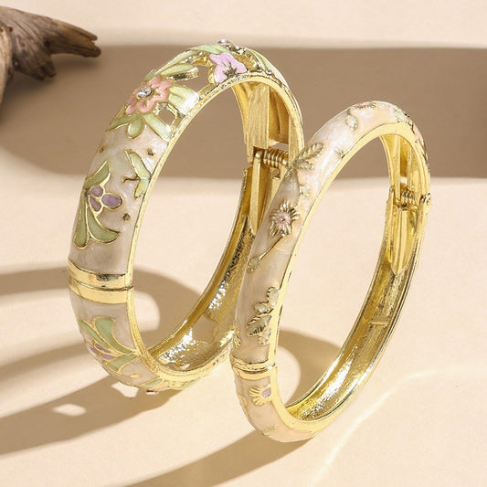 Cloisonné Enamel Flower Bracelet Bangle Set Beige Gold Tone Floral Jewelry