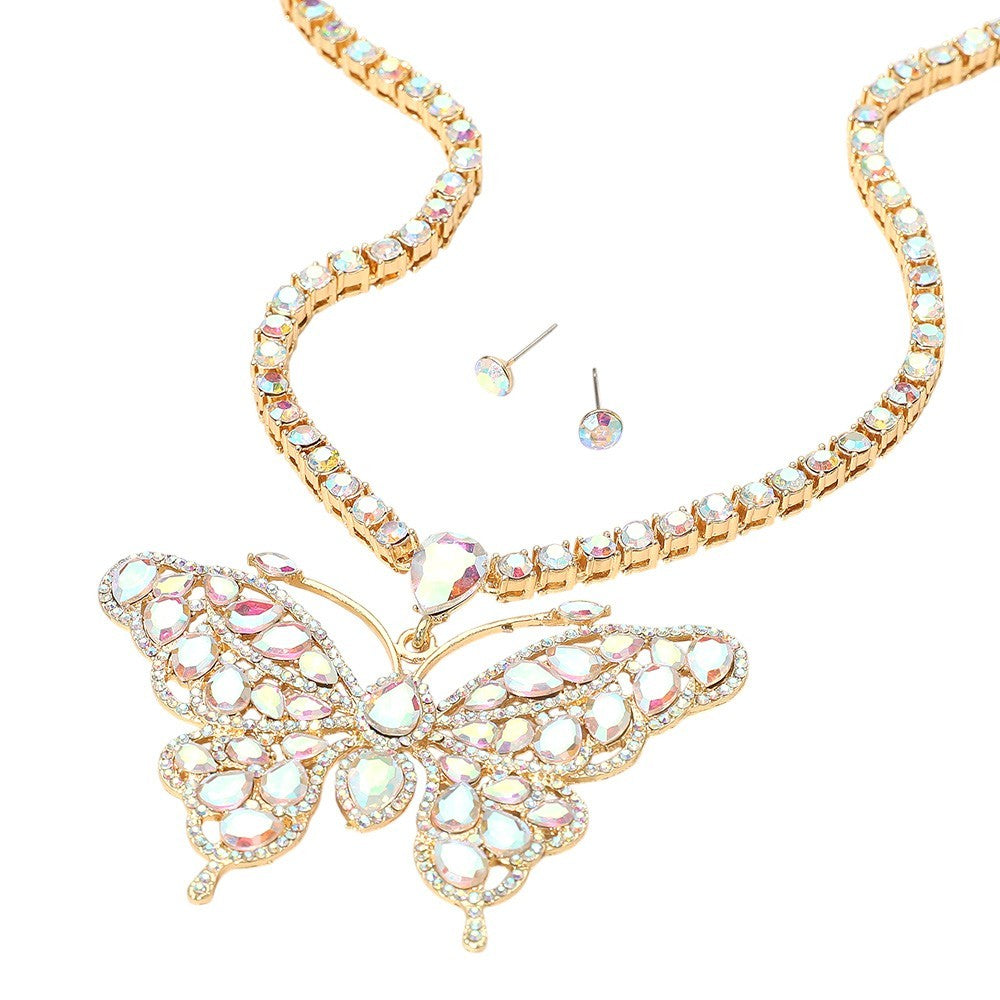 White Rhinestone Butterfly Pendant Tennis Chain Evening Necklace for Women