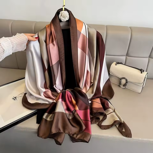 Silk Feel Large Scarf Geometric Print Brown Pink Shawl Wrap 71" x 35"