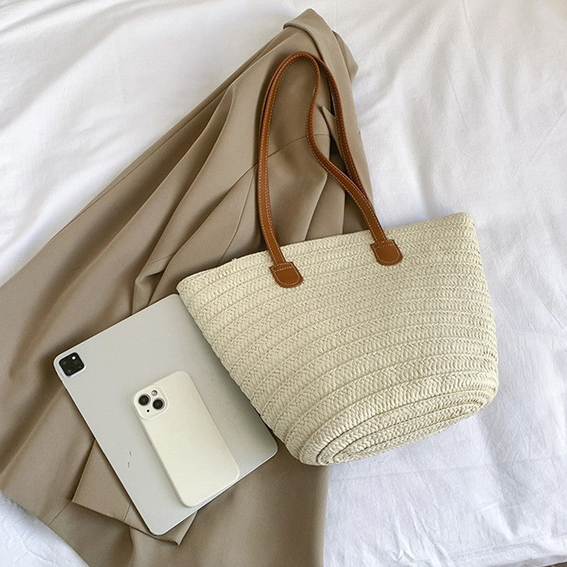 Women’s Large Capacity Paper  Woven Shoulder Bag Summer Basket Handbag Beige