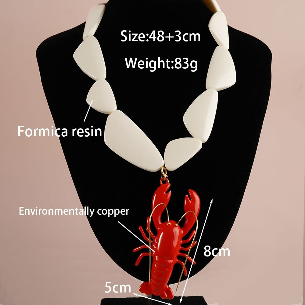 Red Lobster Pendant Necklace Statement Chunky White Resin Bead Coastal Jewelry