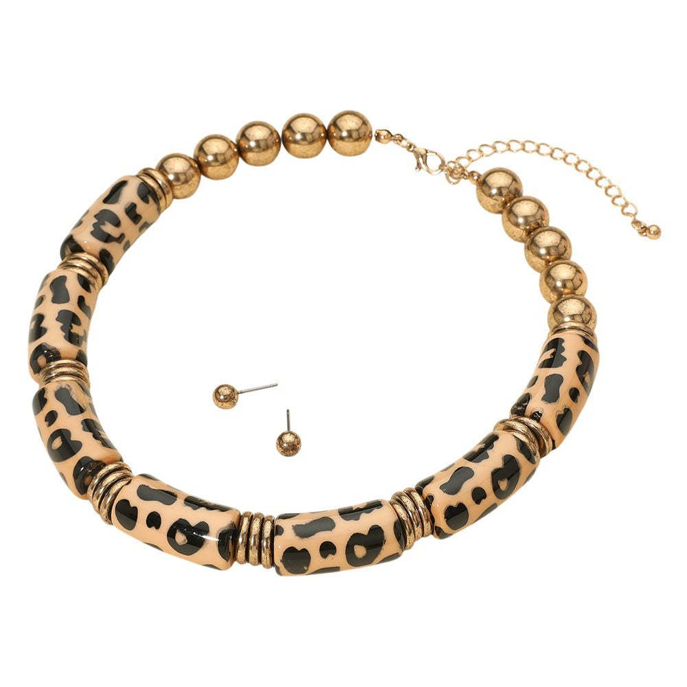 Bold Leopard Printed Resin Bar Beaded Necklace Trendy Animal Print Statement