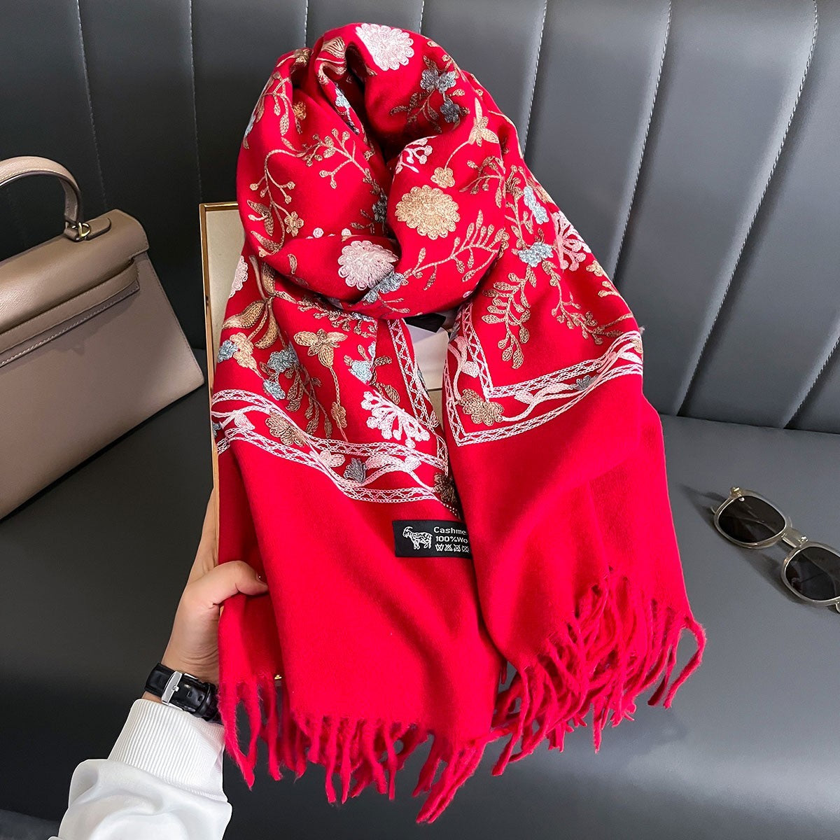 Red Floral Embroidered Fringed Shawl Cashmere Blend Winter Wrap Scarf Gift