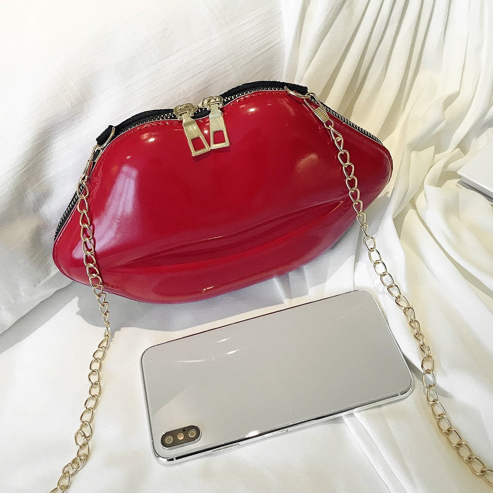 Lips Shaped Clutch Bag Women Red Patent Leather Crossbody Purse Gold Chain