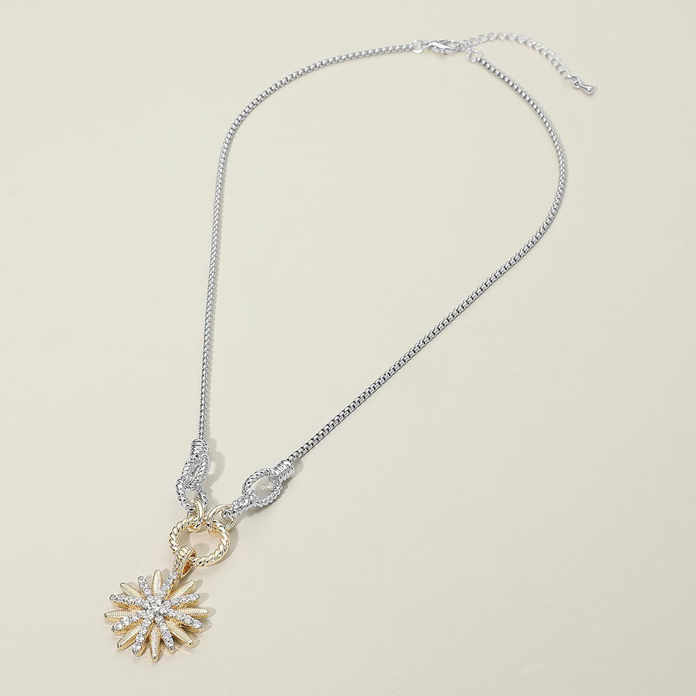 14K Gold Plated Two-Tone Cubic Zirconia Stone Paved Sunburst Necklace for Women