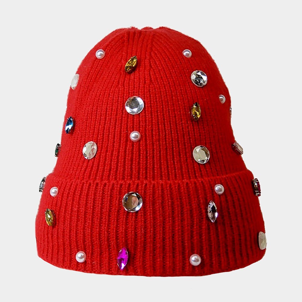 2pcs Red Black Knit Beanie Hat Set Rhinestone Pearl Embellished Winter Accessory