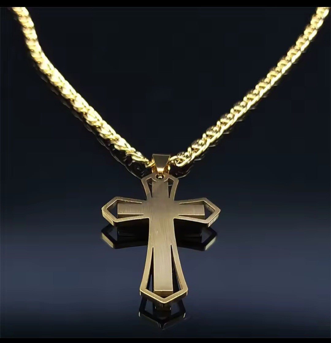 Men's Gold Stainless Steel Cross Necklace Byzantine Chain Rhinestone Pendant