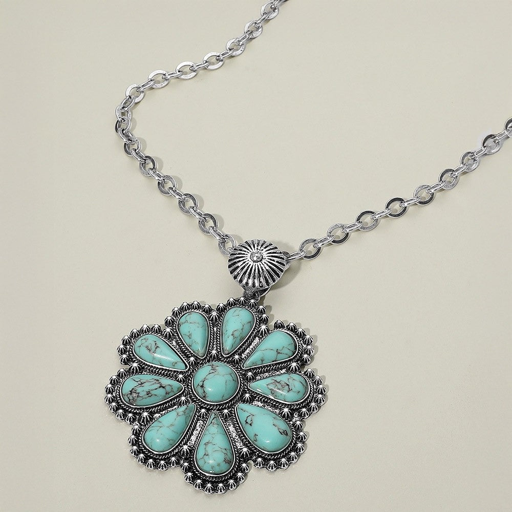 Western Turquoise Sunflower Pendant Long Chain Statement Necklace Jewelry