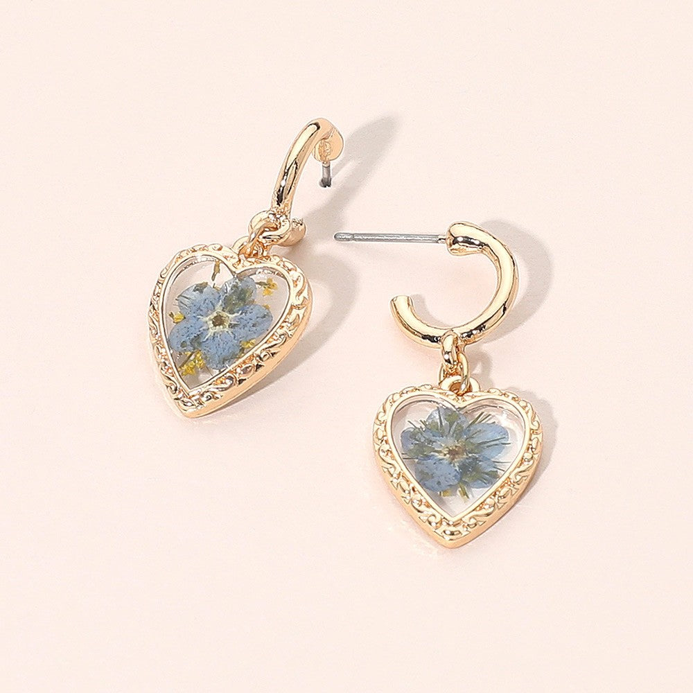 2pc Dried Pressed Flower Heart Earrings - Elegant Gold Resin Floral Jewelry Set