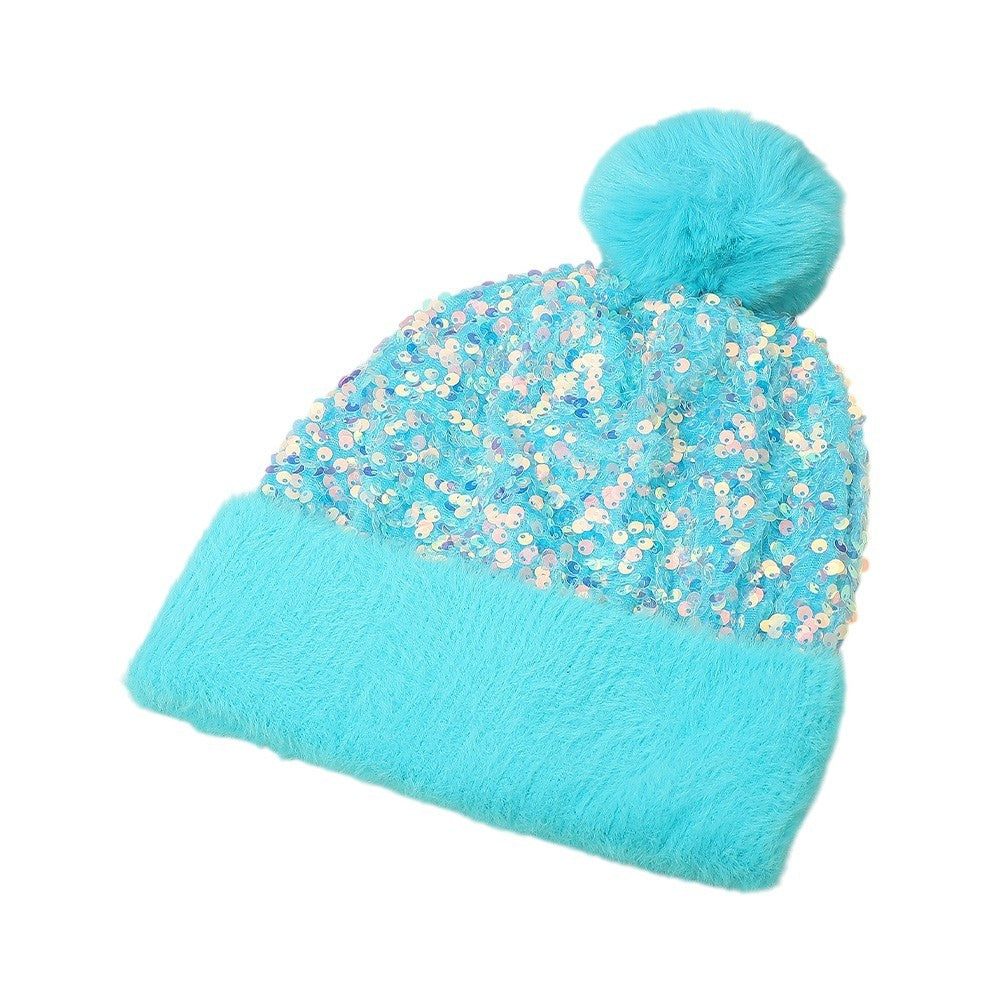 Sparkly Blue Winter Hat for Women Sequin Beanie with Plush Band and Pom Pom